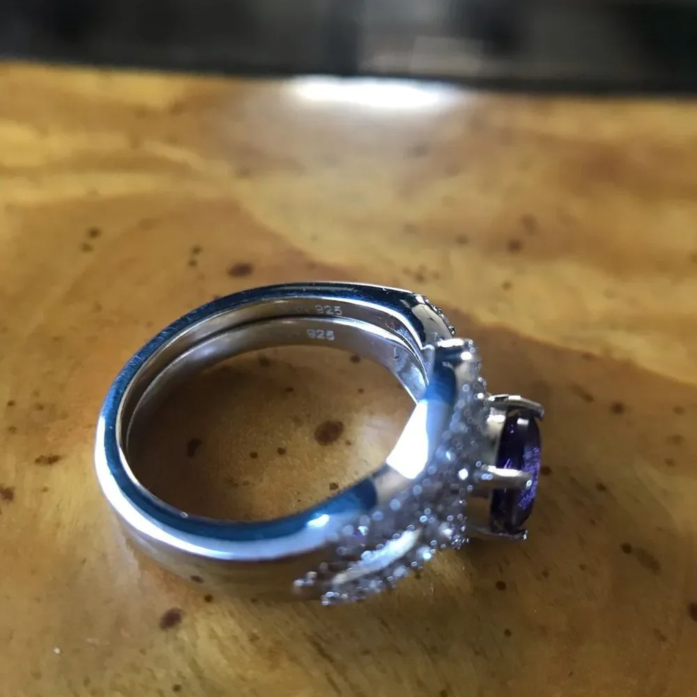 Natural Amethyst Moissanite Sterling Silver Ring Set Size 5